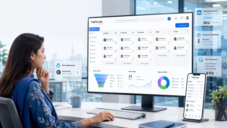 Pakistani HR recruiter using PayPeople's Applicant Tracking System dashboard to manage candidate screening, interviews, and hiring workflow in 2026.