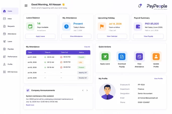 HRMS Portal employee self-service dashboard showing attendance, leave balance, payroll summary, and employee profile.