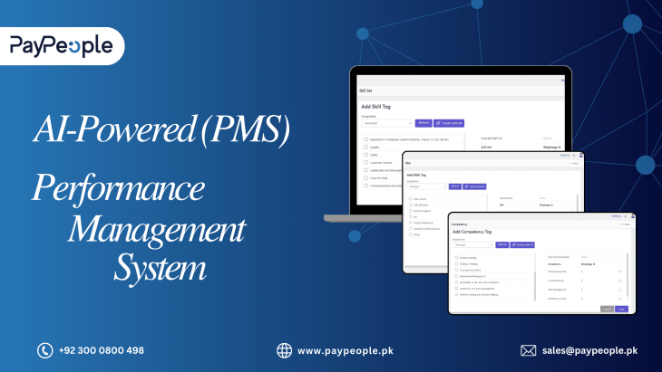 Modern digital dashboard showing ai pms analytics for employee growth at PayPeople Lahore office.