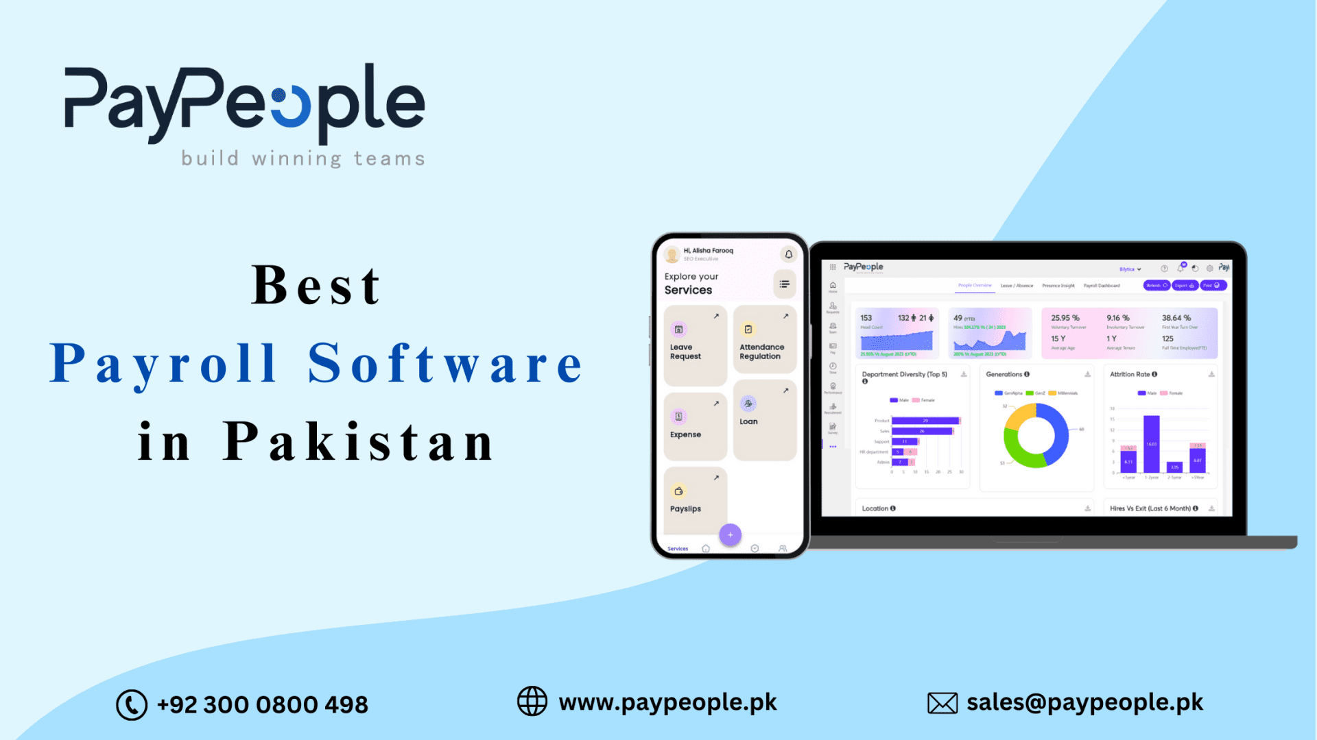 Modern office professionals evaluating business payroll software on a tablet and laptop screen.