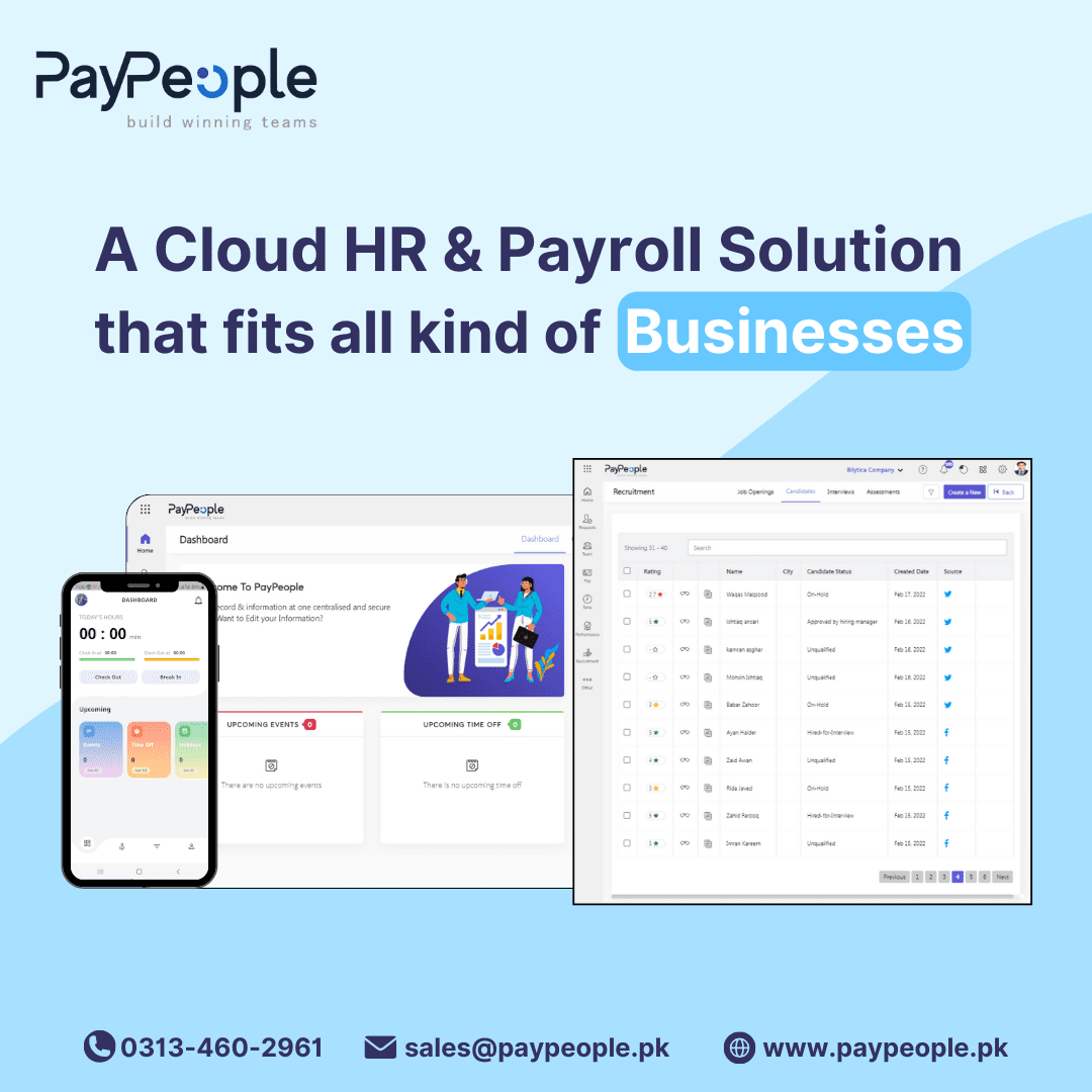 Professional HR team conducting performance reviews using PayPeople cloud software in a meeting.