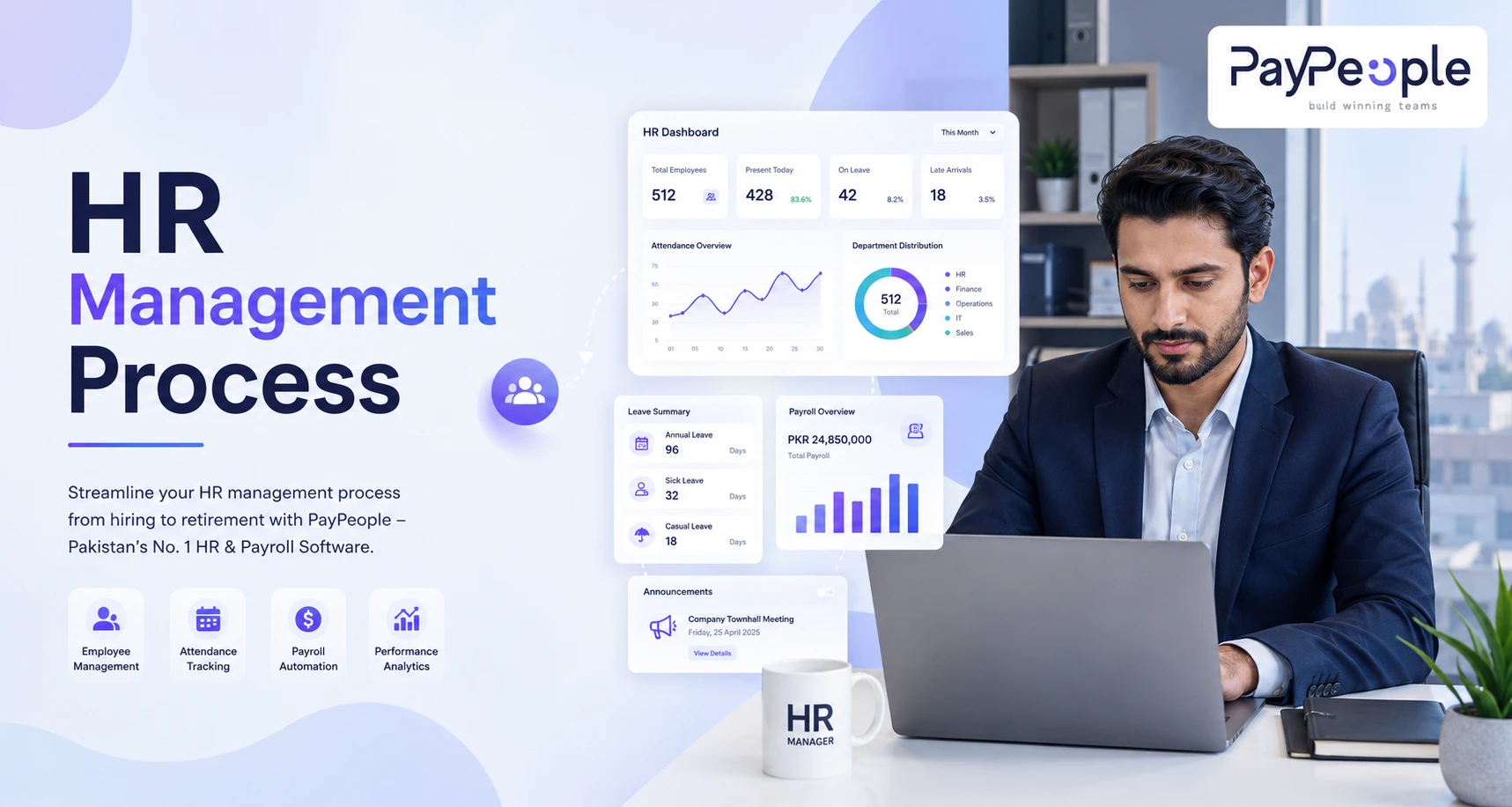 HR manager reviewing HR management process dashboard in Pakistan