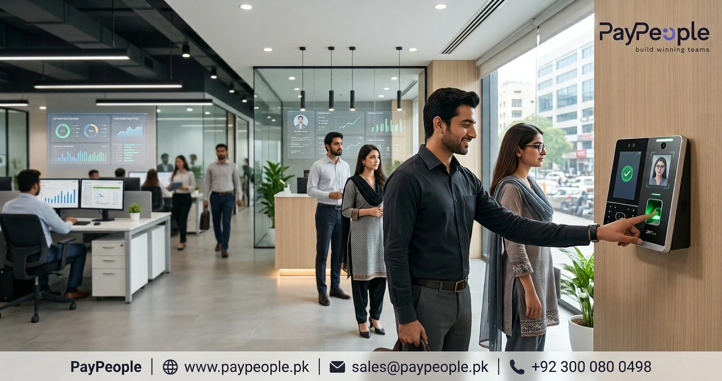 Attendance software in Pakistan with biometric employee check-in and HR payroll dashboard